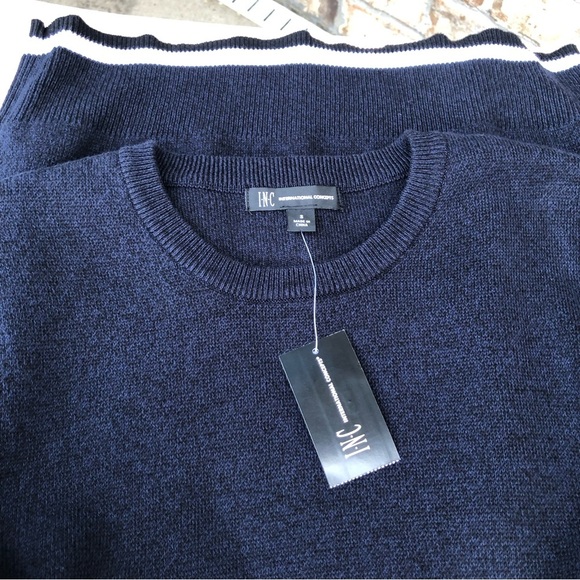 I-N-C 💯 % Cotton Mens Striped Navy White Crew Neck Pullover Sweater S - Picture 6 of 11